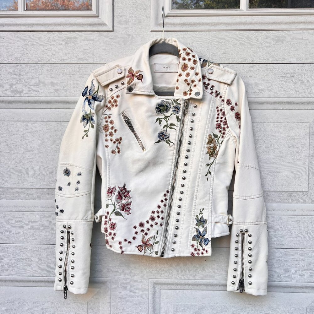 Blank NYC Floral Embroidered Silver Studded Zipper Moto Ivory Pleather Jacket